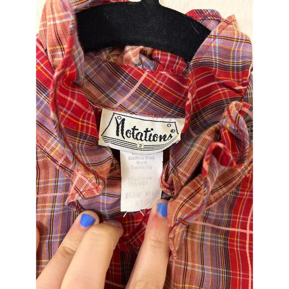 VTG Notations Ruffle blouse red plaid western prairie Sz10 Edwardian cottagecore - Picture 4 of 9